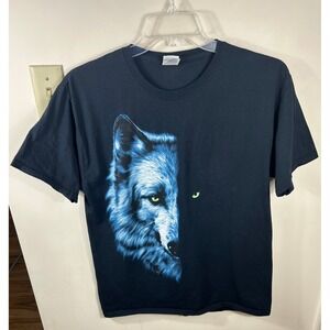 VTG Y2K Wolf Graphic Tee Men L Black Blue Animal Print T-Shirt Streetwear Grunge